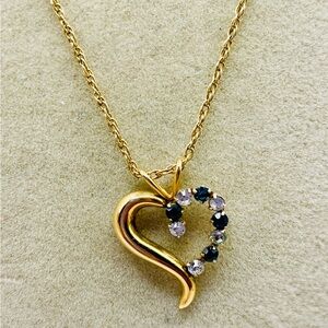 Elegant Gold Tone Necklace with Heart Pendant Blue and Clear Rhinestones